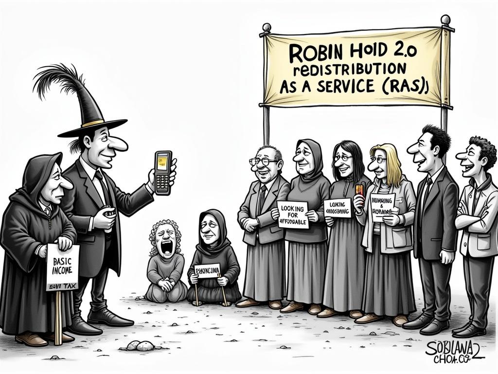 Black and white cartoon depicting Robin Hood as a businessman. He shows a payment terminal labeled 'Voluntary ESG Tax'. Sad-looking people hold signs about basic income and affordable housing. Cheerful elites celebrate with drinks. A banner above reads 'ROBIN HOOD 2.0 - REDISTRIBUTION AS A SERVICE (RaaS™)'. Clean, exaggerated, and ironic style.
