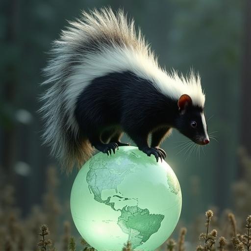 A skunk standing on a globe. The skunk appears tipsy, with its distinctive black and white fur. The globe is translucent showing a map, and it sits on a bed of foliage. The scene has a serene and whimsical feel.