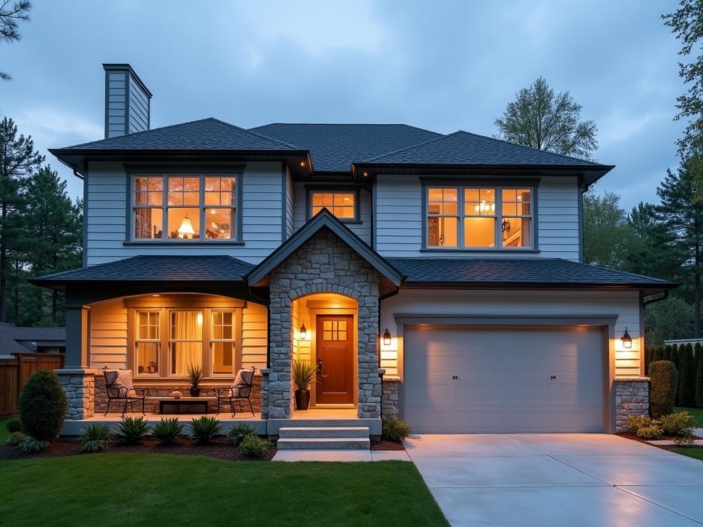 This image features a modern two-story house with a stylish exterior. The house has light gray siding and a charming stone porch. Large windows allow ample natural light to illuminate the interior. There are cozy outdoor sitting areas, inviting a warm atmosphere. The driveway leads to a spacious garage, completing the elegant look of the home. The surrounding lawn is well-maintained, adding to the overall beauty of the property. The lighting around the house suggests a serene evening ambiance. The image captures a desirable suburban lifestyle.