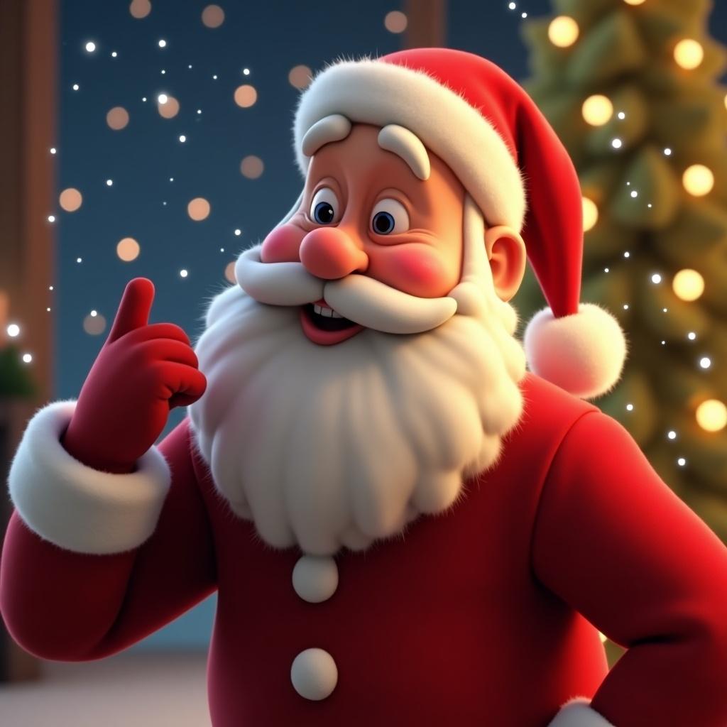 Animated GIF of Santa Claus blowing a kiss. Santa leans slightly forward, puckering lips exaggeratedly. Features rosy cheeks, sparkling Christmas lights, softly falling snow, and a glowing Christmas tree. Classic red suit enhances Santa's charm. Animation emphasizes the joyful kissing action.