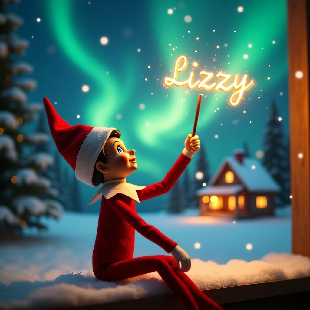 A brown girl elf on the shelf gazes skyward holding a glowing wand. The background is a colorful Christmas scene with northern lights. A cozy house decorated for holidays appears in the distance. Snow covers the ground, enhancing the winter vibe. The elf embodies magic and wonder of Christmas while creating the name 'Lizzy' in the air.