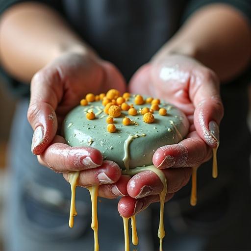 Close-up of hands holding a dessert covered in sticky fondant. Exaggerated messy style with fondant dripping off fingers.