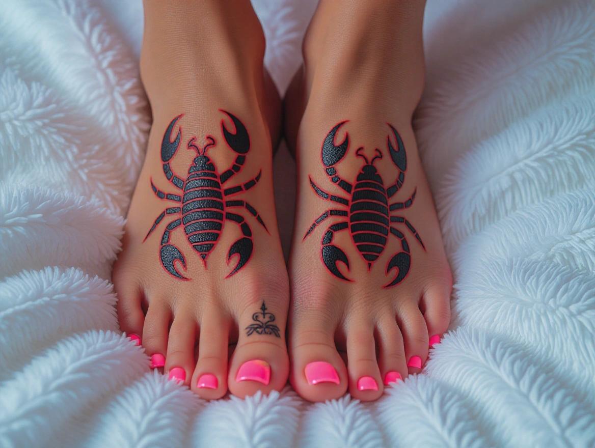Perfect women's feet with neon-colored toenails. Scorpion tattoos are playfully placed on the beautiful feet. Soft and elegant presentation.