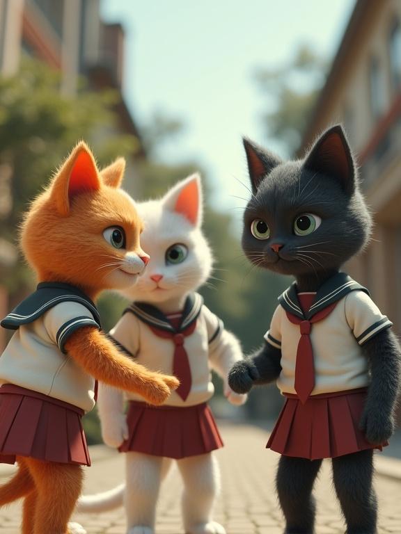 Realistic 3D imagery featuring humanoid cat schoolgirls in an outdoor schoolyard. One cat smirking while pointing at another cat who looks sad. All characters display detailed fur and wear school uniforms. Cinematic lighting enhances the scene.