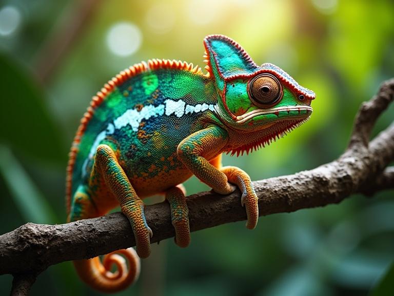 Chameleon perched on a branch in a tropical rainforest. Skin shows bright colors like green and orange. Sunlight filters through leaves, highlighting the chameleon and surrounding foliage.