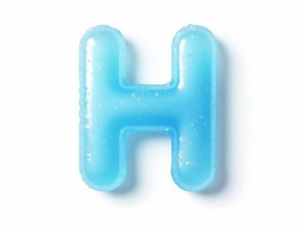 Create a photorealistic image of a blue ice pop with a unique shape resembling a stylized 'H'. The ice pop should have a subtle transparency, a wet and glossy surface, and a slightly icy texture to emphasize its cold and refreshing nature. The background should be plain white, featuring a subtle shadow of the ice pop beneath it to provide a sense of depth and realism. The ice pop should appear delicious and inviting, capturing the essence of a cool, summer treat.