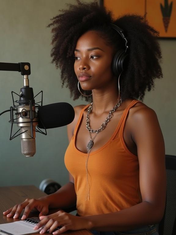 Female podcaster seated at a desk wearing a tank top with headphones. Engaged in recording with microphone. Natural light illuminates the room.