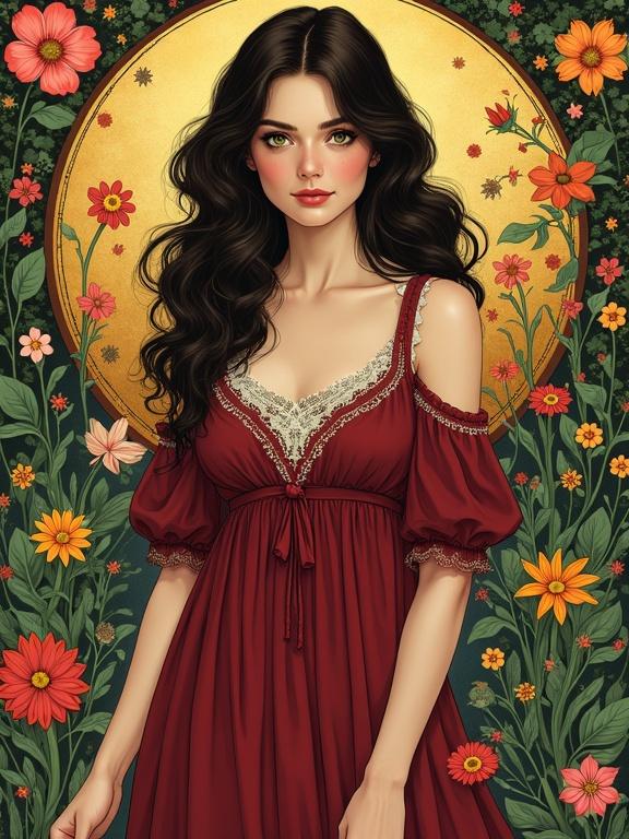 A captivating woman stands gracefully in a lush garden. She wears a flowing burgundy dress with white lace details. Her dark brown wavy hair and rich green eyes stand out amid vibrant flowers. The background features stylized flowers and vines. The artwork is illuminated with warm light enhancing its romantic feel. Beautiful dainty hands with five fingers are visible.