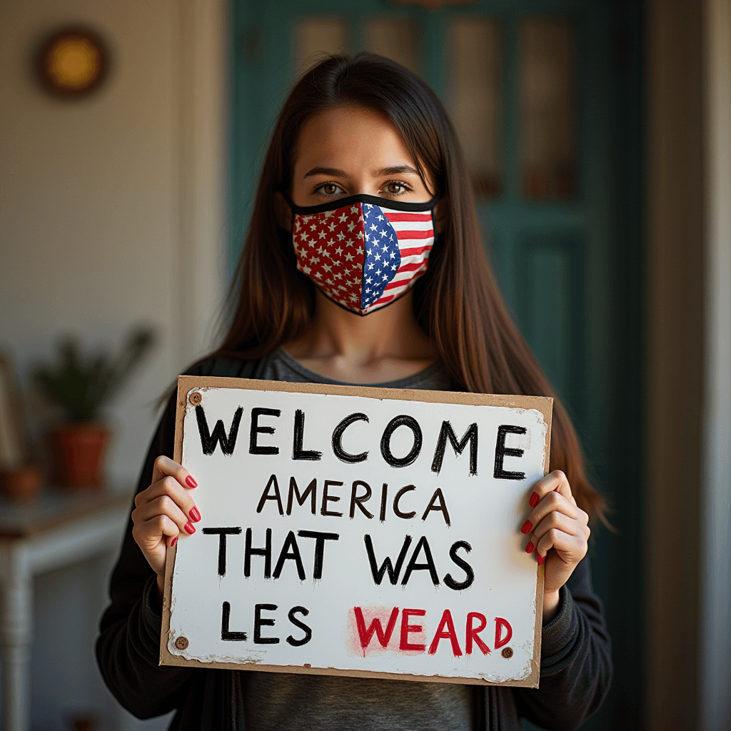 A woman wearing a USA flag mask holds a humorous welcome sign.