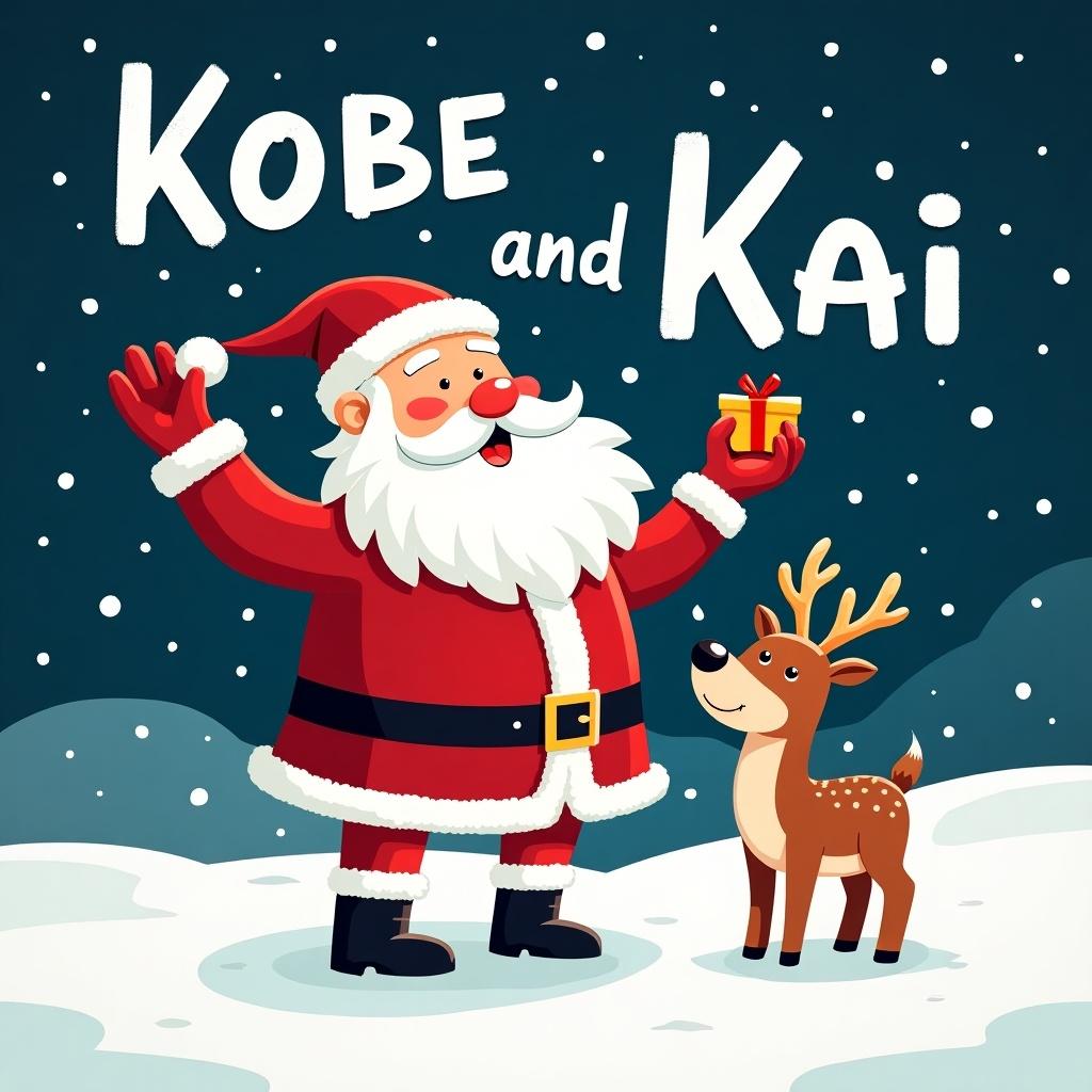 A colorful illustration of Santa Claus standing in the snow, joyfully holding a Christmas gift. Beside him is a cute reindeer, looking up at Santa. The background features a night sky filled with snowflakes. In big, cheerful letters, the names 'Kobe' and 'Kai' appear in the sky. The scene radiates holiday cheer and captures the essence of Christmas magic. The colors are vibrant, with a festive red and white palette highlighting the joyous atmosphere.