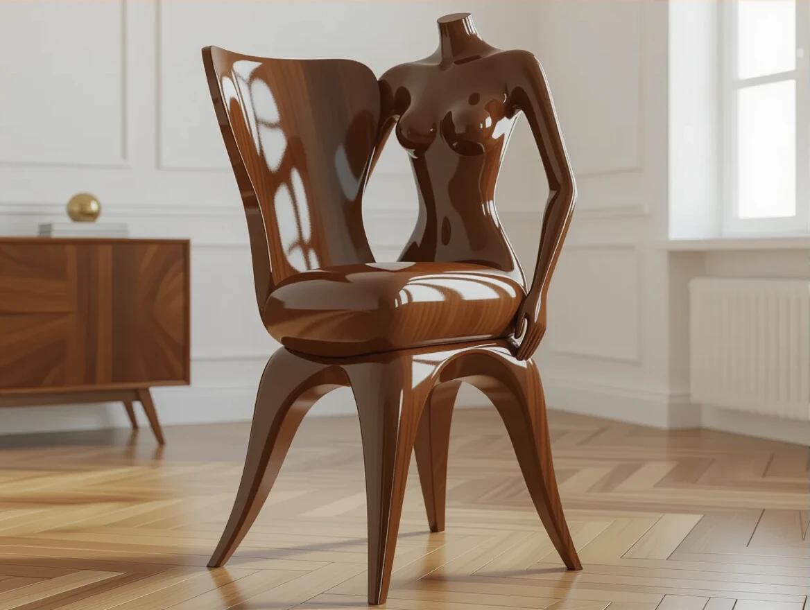A modern wooden dining chair designed as a 3D sculpture of a nude woman. Chair has open legs. Legs and arms shaped as chair legs. Made of polished mahogany wood with a sleek finish.