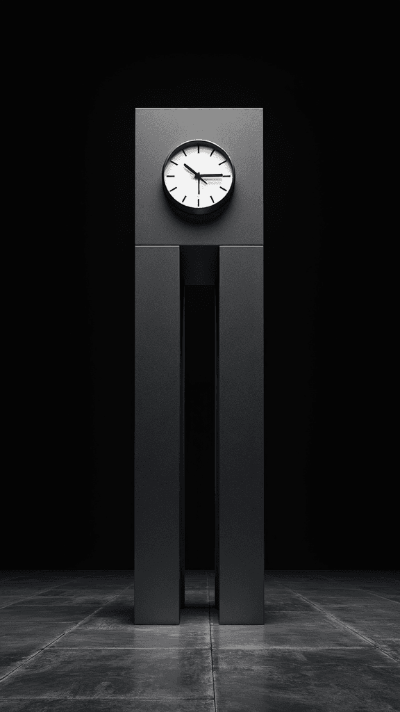 A minimalist black clock tower with a white face stands in a dimly lit, modern industrial setting.