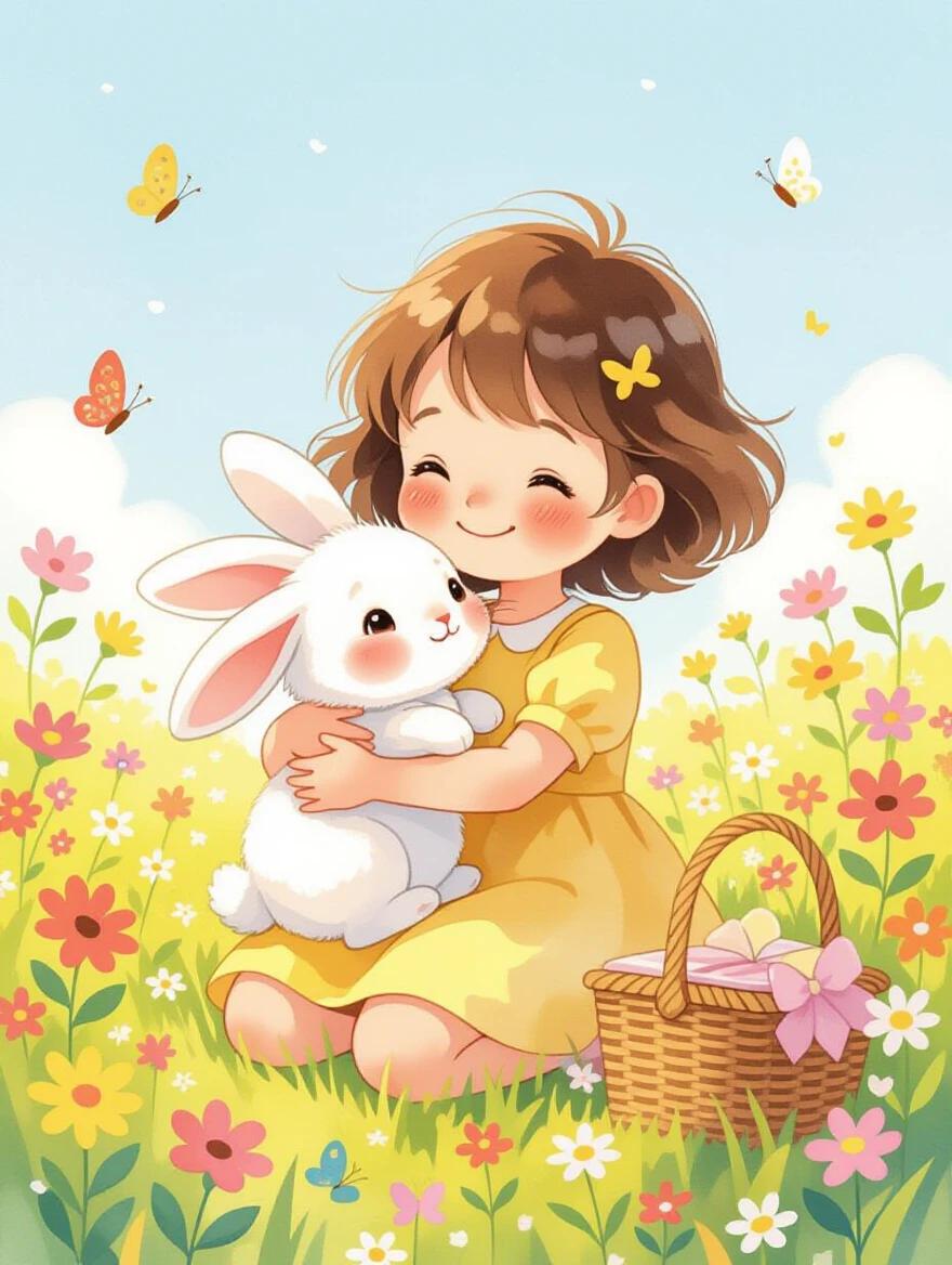 A whimsical watercolor painting shows a little girl playing with a fluffy bunny in a flower-filled field. She has short brown hair and wears a yellow dress. The girl smiles brightly while hugging the bunny. Both have rosy cheeks. Wildflowers and butterflies surround them. A picnic basket is nearby. The setting shows a sunny sky and a grassy meadow.