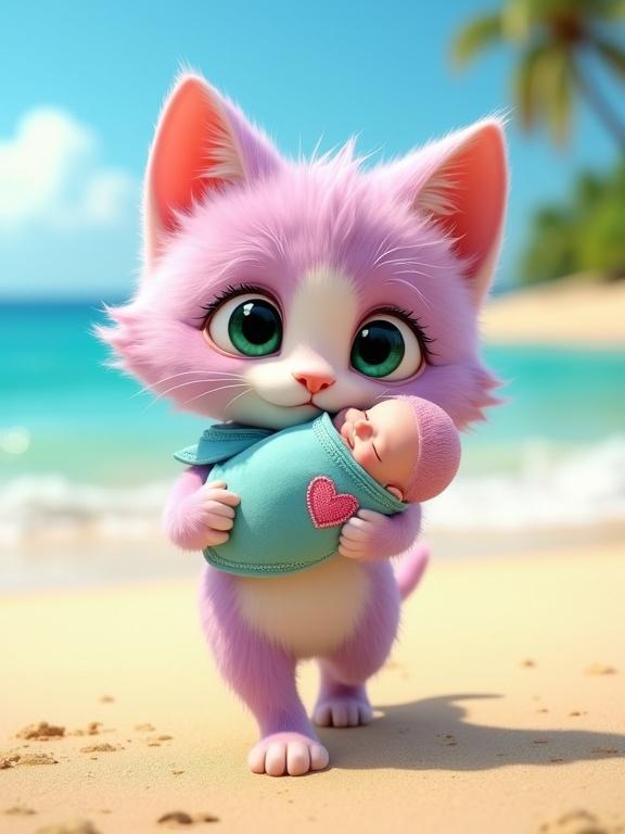 A fluffy pastel pink kitten walks on a sandy tropical beach holding a swaddled baby in its mouth. The kitten has lavender fur and a creamy white belly with large green eyes. The beach scene has an ocean and distant island in the background. Designed in a Pixar style that is hopeful and heartwarming.