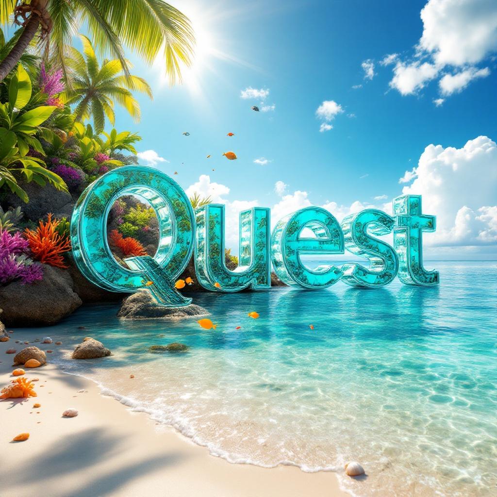 Vibrant visual scene with the word Quest emerging from Caribbean waters. The letters made of glass and titanium shine in turquoise. Underwater paradise full of colorful fish and coral reefs. Bright sun casting shimmering rays on the letters. Blue sky mirrored in the water. Scenic sandy shoreline with seashells. Centerpiece radiating energy and adventure.