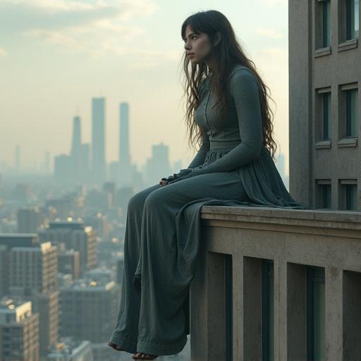 A giant woman sits at the edge of a building. She has long hair and wears a long gray dress. The city skyline is visible in the background with tall buildings. The scene captures a sense of scale and surrealism. The lighting is soft and natural.