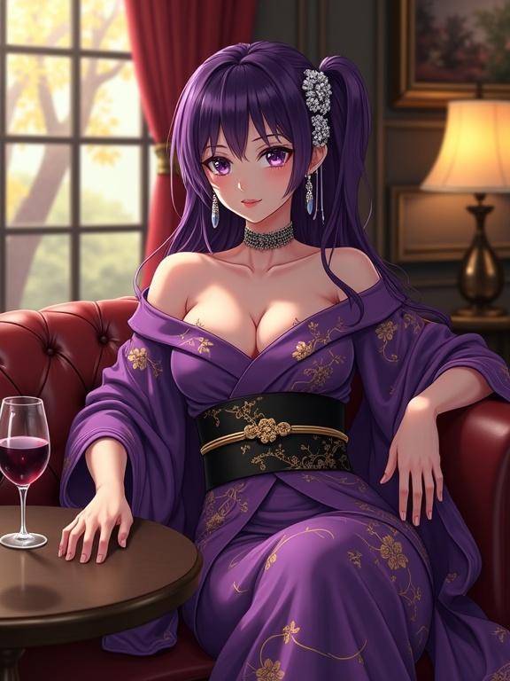 Anime lady sitting gracefully in luxurious lounge on vintage leather sofa. She has striking violet hair and piercing violet eyes. Wearing shiny violet off-shoulder kimono with gold floral patterns and a stylish black obi. Long hair adorned with silver hair accessories. Relaxed posture with crossed legs. Glass of wine on table beside her. Nostalgic charm in warm golden lighting with antique decor. Soft jazz playing in background. Serenity from window view of trees. Enigmatic expression enhances allure.