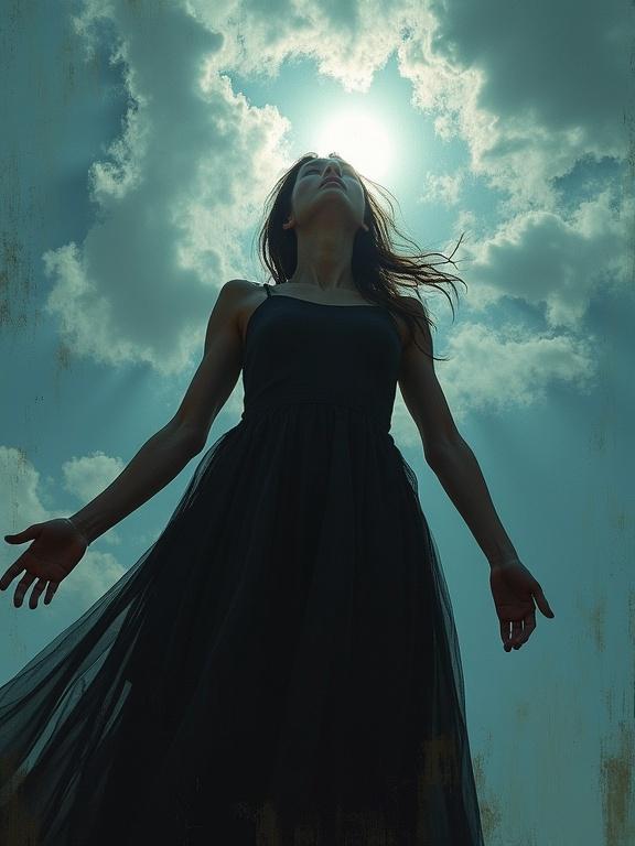 An over-the-shoulder view of a woman's silhouette reaching for the sky. Extreme low angle perspective. Digital oil painting style. Dramatic clouds in the background.