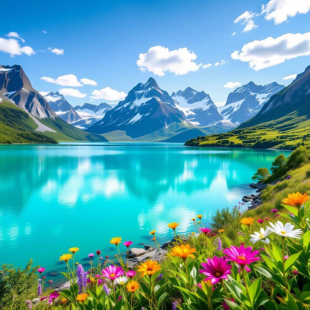 Breathtakingly beautiful landscape with turquoise water mountains greenery and flowers