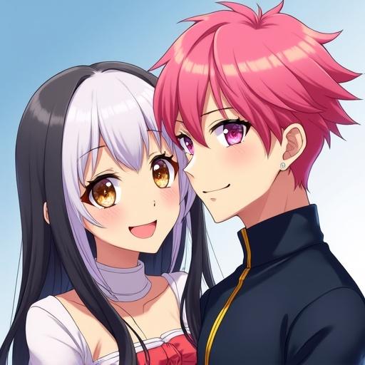 Anime couple smiling with distinctive hairstyles and eye colors. Girl with half white half black hair and galaxy-like golden eyes. Boy with slick back pink hair and ruby gem-like eyes.