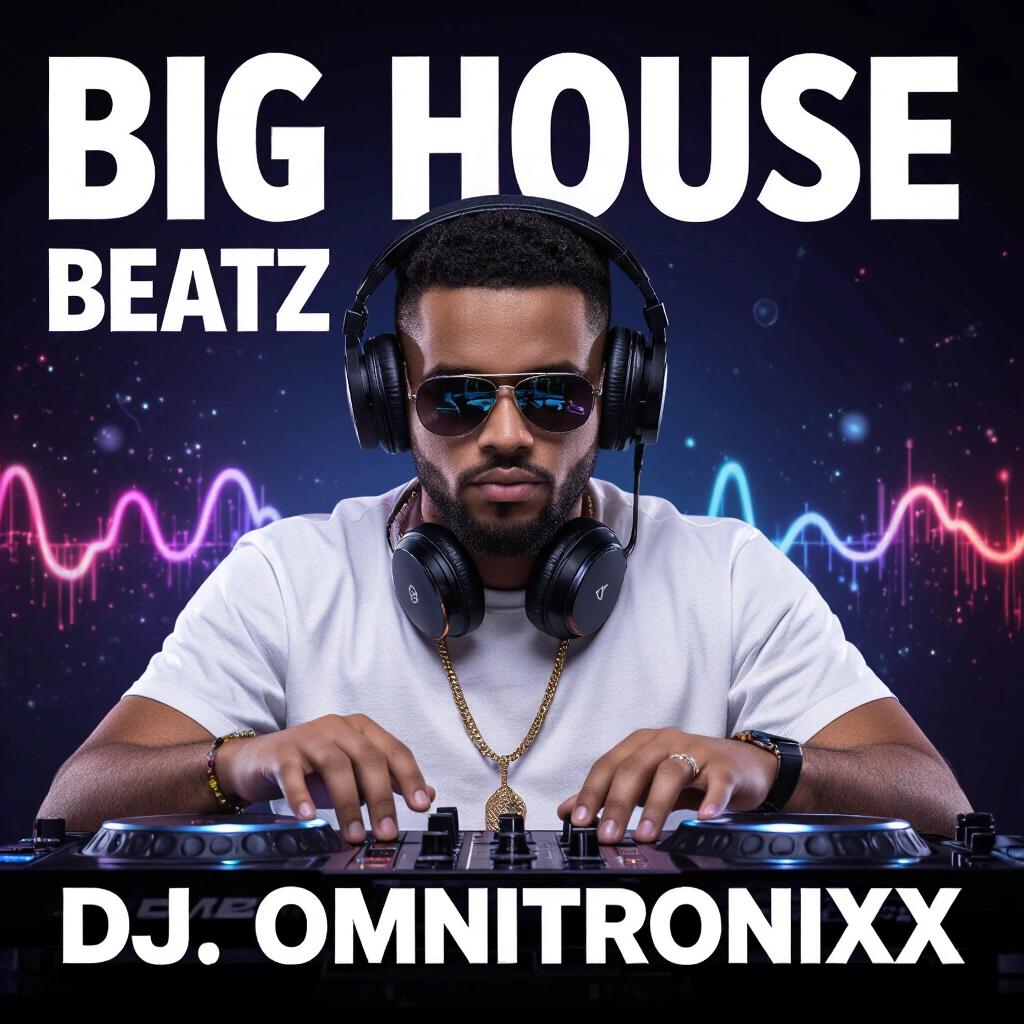 Music album cover featuring a DJ at a mixing table. Text reads Big House Beatz and DJ Omnitronixx. Bright colors and energetic vibe with music wave graphics.