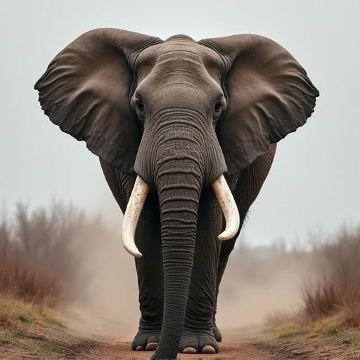 Large elephant with stunning white tusks in a natural environment. Strong presence. Detailed and majestic appearance. Captured from eye level.