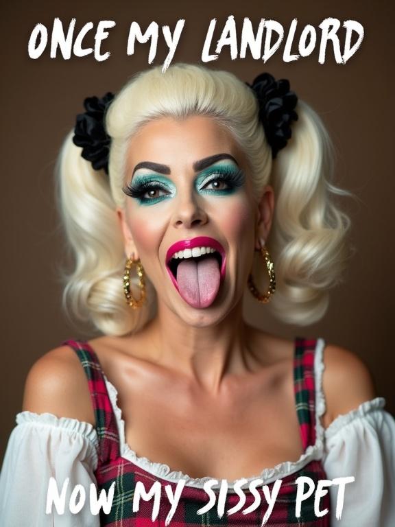 Close-up portrait of drag performer. Elaborate theatrical makeup. Metallic turquoise eyeshadow with false lashes. Bright pink lips and contouring. Platinum blonde hair styled in pigtails. Black accessories. Off-shoulder white top with plaid fabric. Tongue sticking out playfully. Shot with artificial lighting. Plain brown background. Text overlays included.