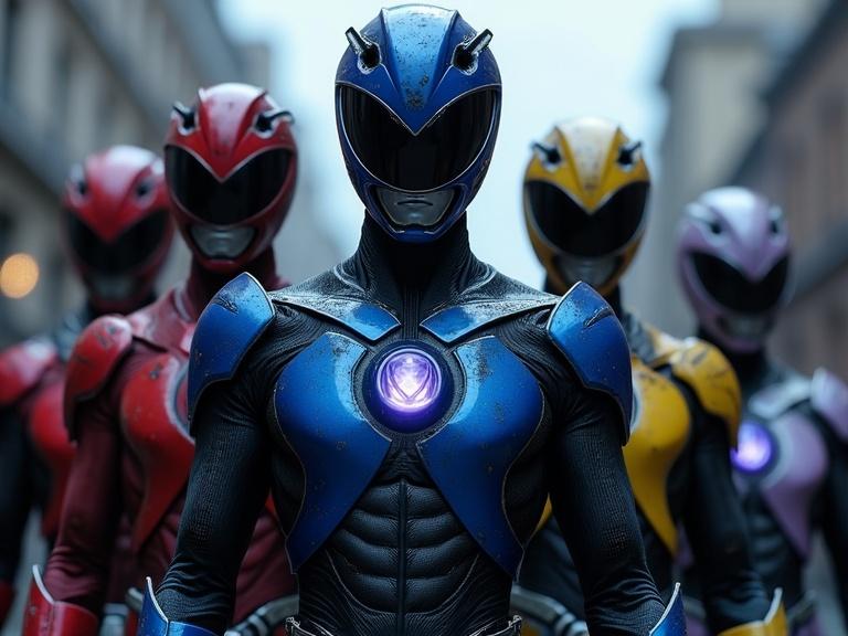 Dark cinematic scene features five Power Rangers. Blue male ranger stands in front with glowing armor. Other rangers are red, yellow, black, and light purple. Their exo armor is filled with details and reflections. The street appears cloudy and dark.