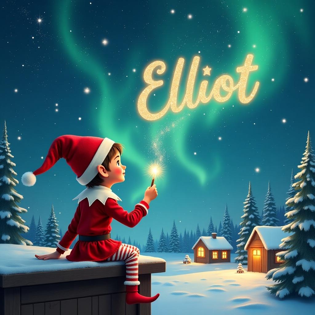 An elf sits on a wooden ledge with its back to the camera, gazing at a magical sky. Dressed in a red outfit with a pointed hat, the elf holds a sparkling wand. With the wand, the elf writes the name 'Elliot' in the starry sky. The scene is painted with a snowy landscape, charming little houses, and evergreen trees under shimmering Northern Lights. This whimsical depiction captures the essence of childhood magic and Christmas cheer. The elf elegantly adds the names 'Natasha' and 'Ada' in the same starry sky, enriching the magical atmosphere.