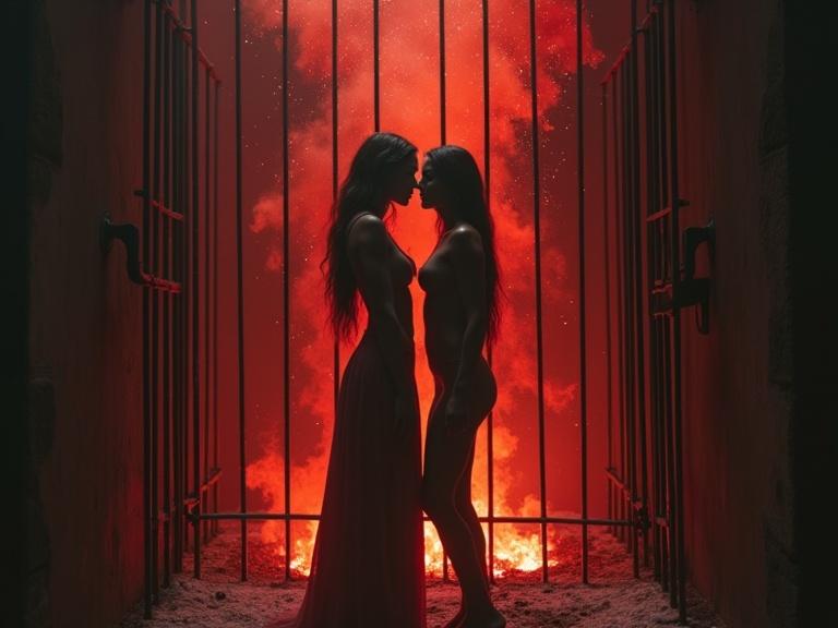 A slim tribal woman weeping steps into a cage of red-hot bars. A smiling demoness waits inside. Their bodies begin to fuse as their screams harmonize. Ash falls around them like snow.
