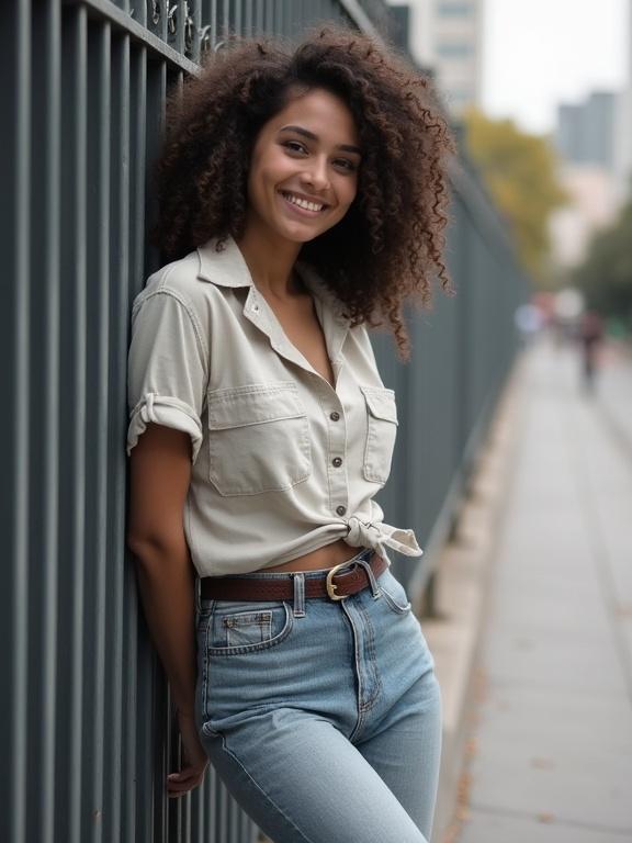 Photograph of a woman with curly hair leaning against a metal fence. She wears a short-sleeved shirt and high-waisted jeans. Her right leg is bent at the knee, foot on the fence, hands behind her back. She smiles at the camera. The fence creates leading lines. Background is slightly blurred. Medium depth of field. Camera angle is slightly low. Likely taken with a film camera. Uses natural lighting. Composition follows the rule of thirds.