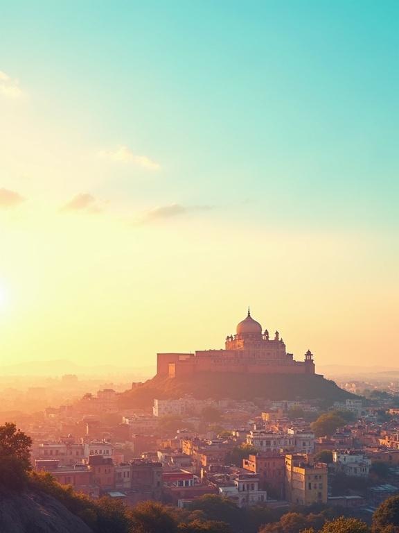 Photorealistic vertical tourism poster for Jaipur featuring clean gradient sky with soft sun. Iconic city landmark on a hill with a colorful skyline. Warm lighting, travel ad style.