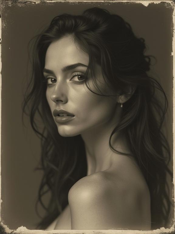 A sepia-toned vintage portrait of a beautiful supermodel with her hair flowing. The photograph has a white border and grainy texture. The model is in an artistic pose with a vintage photography studio background. Soft diffused lighting enhances her features. Taken from a low angle with a Hasselblad 500CM camera.