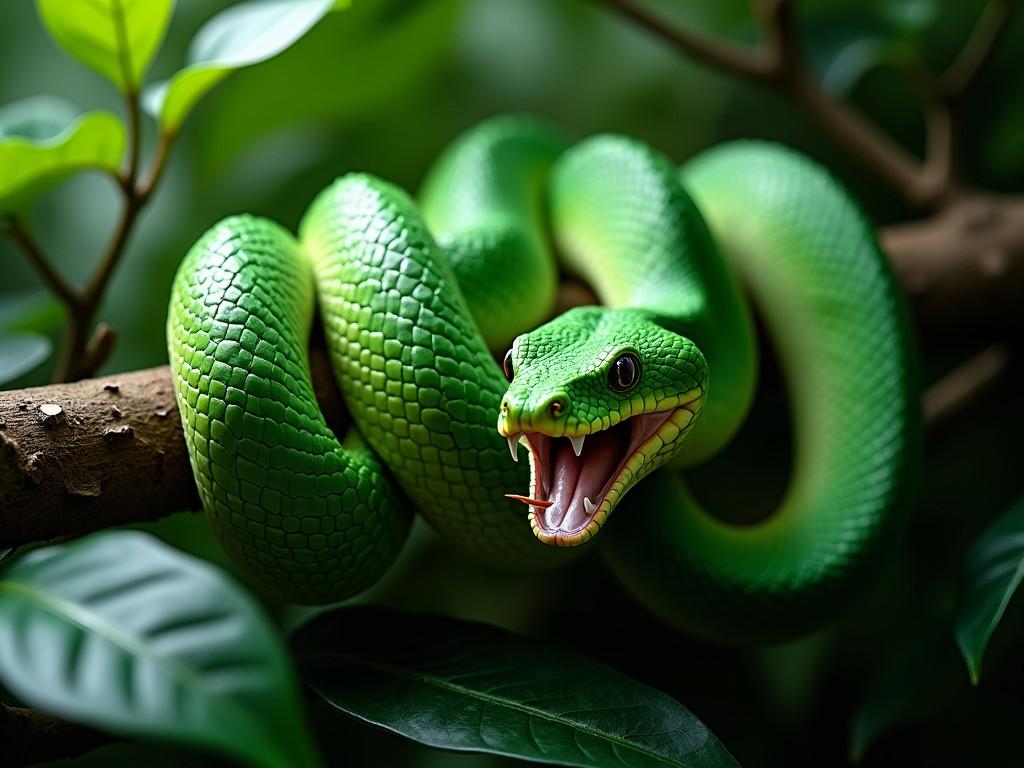 The image depicts a vibrant green snake coiled around a branch with lush foliage in the background. The snake has a fierce expression, with its mouth open and fangs visible. Surrounding the snake are various shades of green leaves, creating a jungle atmosphere. The overall composition gives a sense of vitality and a hint of danger. The lighting enhances the textures of the snake's scales and the leaves, creating depth.