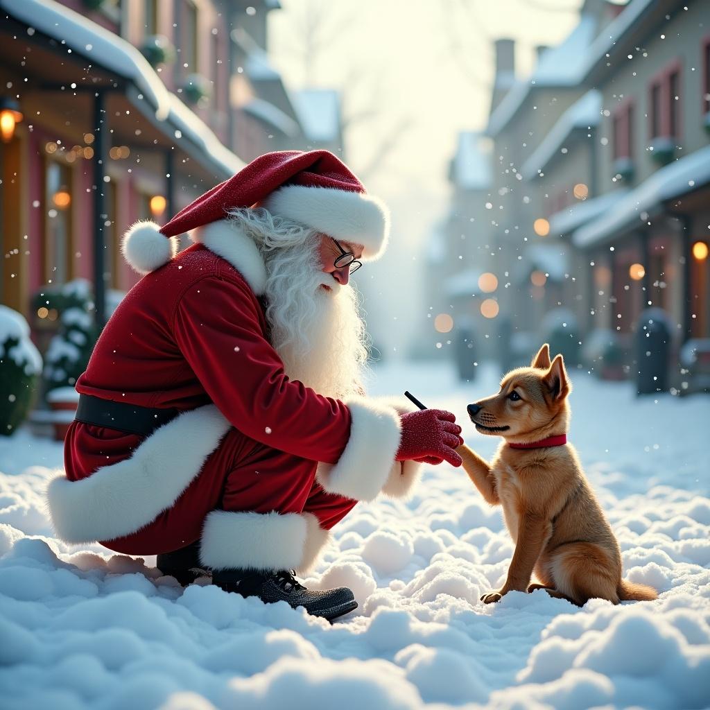 Santa Claus in red and white clothing writes in the snow. A dog interacts with Santa. A snowy street with charming buildings is visible. Soft winter light creates a holiday atmosphere.