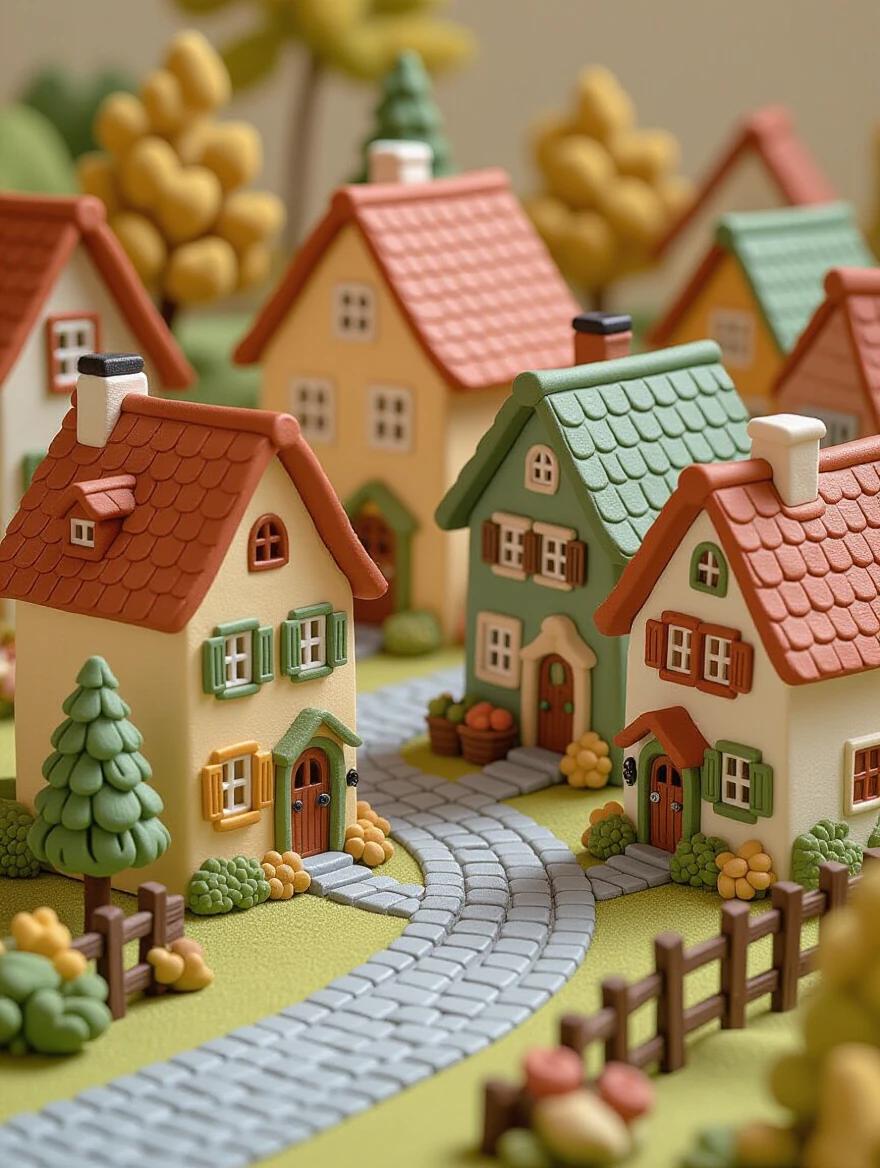 Miniature village made from polymer clay. Tiny colorful houses with textured roofs. Cobblestone pathways with tool marks. Individual trees with sculpted leaves. Each building features authentic clay details. Warm earth tones with sage green and dusty blue. Macro photography highlights intricate handwork and textures.