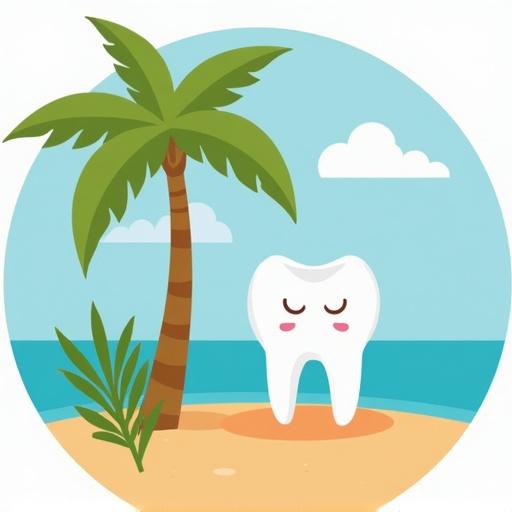 Illustration of a dental care theme. Features a cartoon tooth on a beach. There is a palm tree and water in the background. Bright colors enhance a summer vibe.