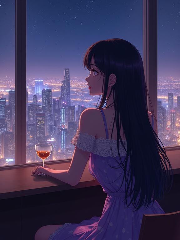 A young woman with long dark violet hair sits at a sleek counter. She wears an off-the-shoulder violet dress with a floral pattern. A glass of amber liquid is nearby. She gazes at the vibrant cityscape outside the large window. The background shows illuminated high-rise buildings and a starry sky. Soft warm lighting fills the luxurious lounge. The composition highlights a tranquil and sophisticated mood.
