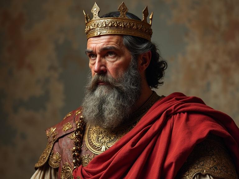 A portrait of Herodes Agripa, a Roman senator from first century Jerusalem, depicting a cruel and ruthless expression. The king wears a crown and ornate robes, displaying powerful imagery.