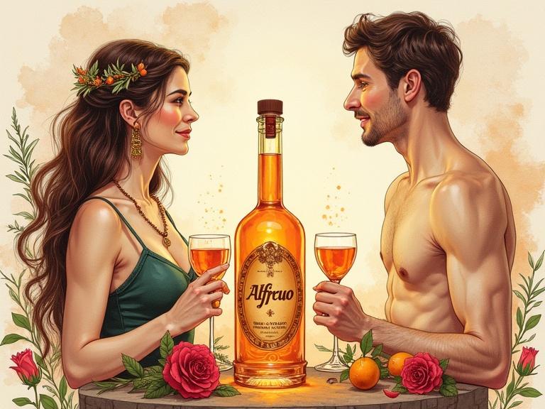 A minimalist portrait features a modern venus goddess toasting with herbal liqueur. Liqueur bottle displays 'ALFRUNO'. Subjects possess cascading hair and nature-inspired jewelry. Surrounding elements include roses and rosemary enhancing the composition. Set against a beige background, evoking fantasy and nostalgia with floral patterns and the phrase 'Genuss aus dem Garten der Natur - wild und besonders'.
