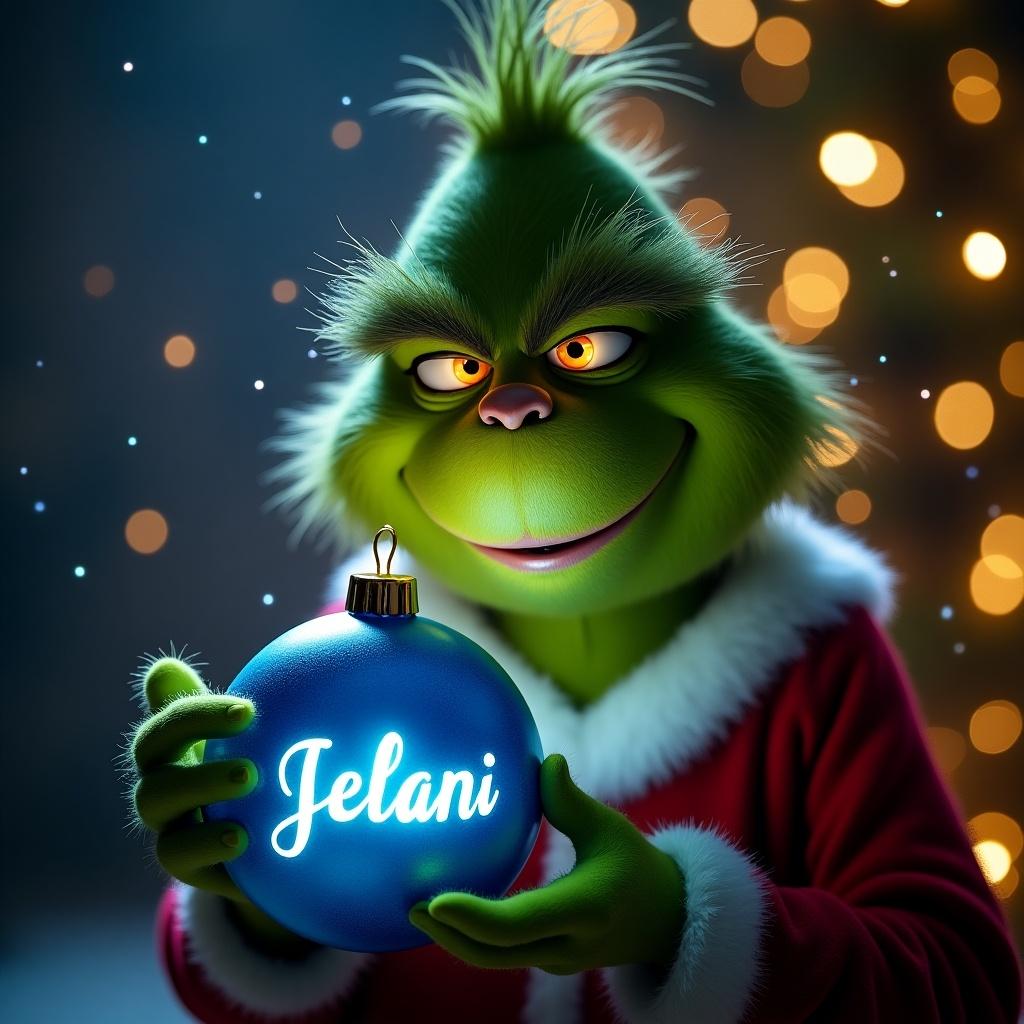 Grinch character holds a glowing blue Christmas ornament. The ornament features the name Jelani in elegant script. Soft light creates a cozy atmosphere. Twinkling lights enhance the festive mood. Suitable for Christmas-themed content.