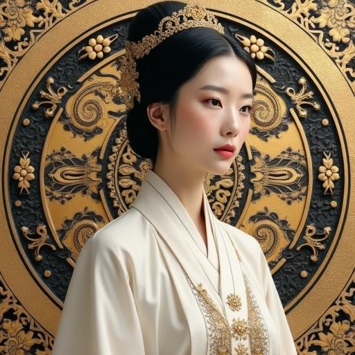 Beautiful Asian young woman clad in purest white. Traditional princess attire. High contrast art style. Metallic texture. Ornate background featuring ancient Chinese motifs. Focus on bronze vessel designs with animal faces and geometric patterns.