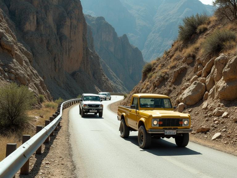 Photo of two modern 4x4 vehicles on a mountain road. A yellow vintage cab is in front. The road is narrow with cliffs on each side. Rugged terrain and sparse vegetation characterize the background. Simple guardrail borders the road.