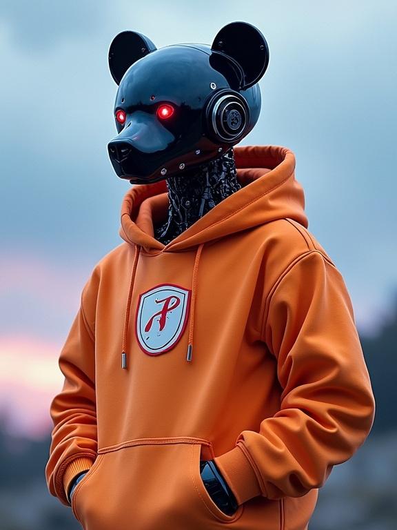 Digital watercolor painting of humanoid robot bear outdoors at dusk. Robot has a sleek black head with red LED lights. Wears loose orange hoodie with white emblem. Hands in pockets, relaxed pose. Background features cloudy sky with soft blue and purple hues.