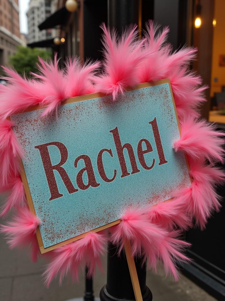 Sign reads Rachel. Sign features pink feathers and glitter embellishments. Displayed on a street pole with a city background.