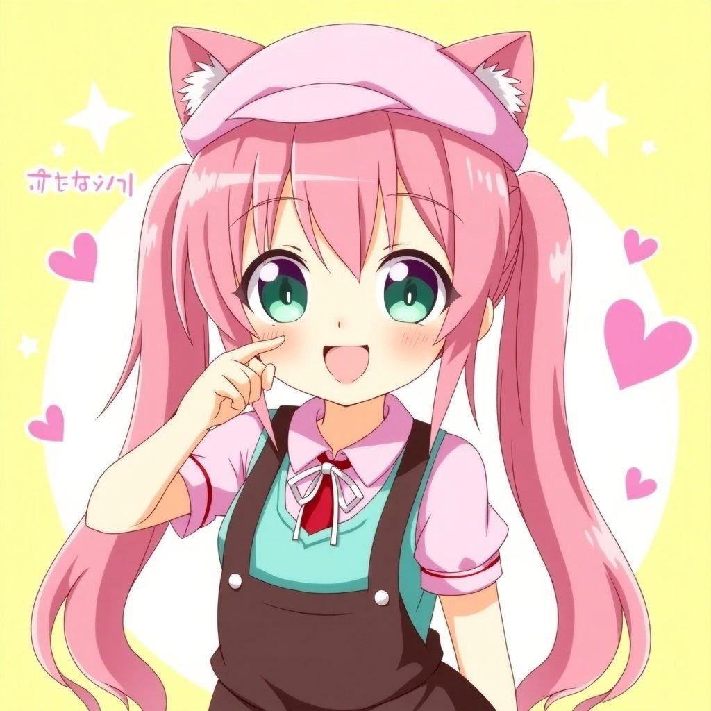 Cute anime girl has long pink hair styled in pigtails. She wears a pink hat with cat ears and a pink shirt. A brown overall is worn with a white bow. Playful pose with hearts around her. Background is bright yellow with stars. Character has large purple eyes and a cheerful demeanor.