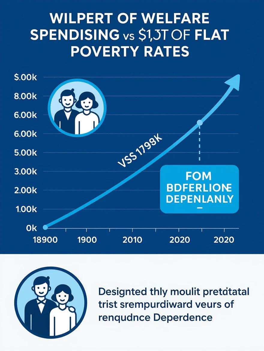 Clean infographic design showing welfare spending and poverty rates through the years. Graph indicates increasing welfare spending compared to flat poverty rates. Icon represents a multigenerational family symbolizing long-term dependence.