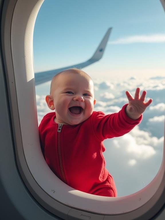A baby in a red onesie playfully leans out of an airplane window. The airplane is flying above fluffy white clouds. The baby is reaching out and seems ecstatic. The scene is captured from the inside of the airplane. The sky is clear blue. A wide angle shot emphasizes the height of the airplane.