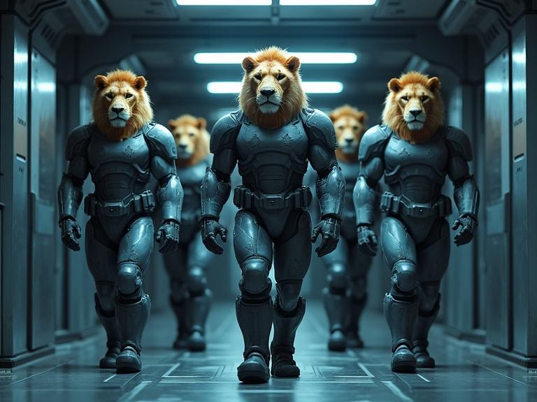 A group of humanoid lion soldiers wear sleek grey sci-fi military suits. They walk in a metallic corridor with a dark atmosphere. The focus is on their bulky forms contrasted with the clean lines of the suits. Shadows add depth. The scene has a cinematic quality with 4k textures and a blue filter.