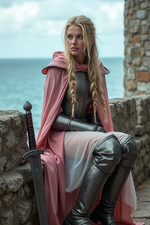 Young woman in medieval armor with long blonde hair and blue eyes. She wears iron armor and a pink latex cloak. Seated on medieval battlements with a sword and shield below. Gazing at the sea with a wistful expression.